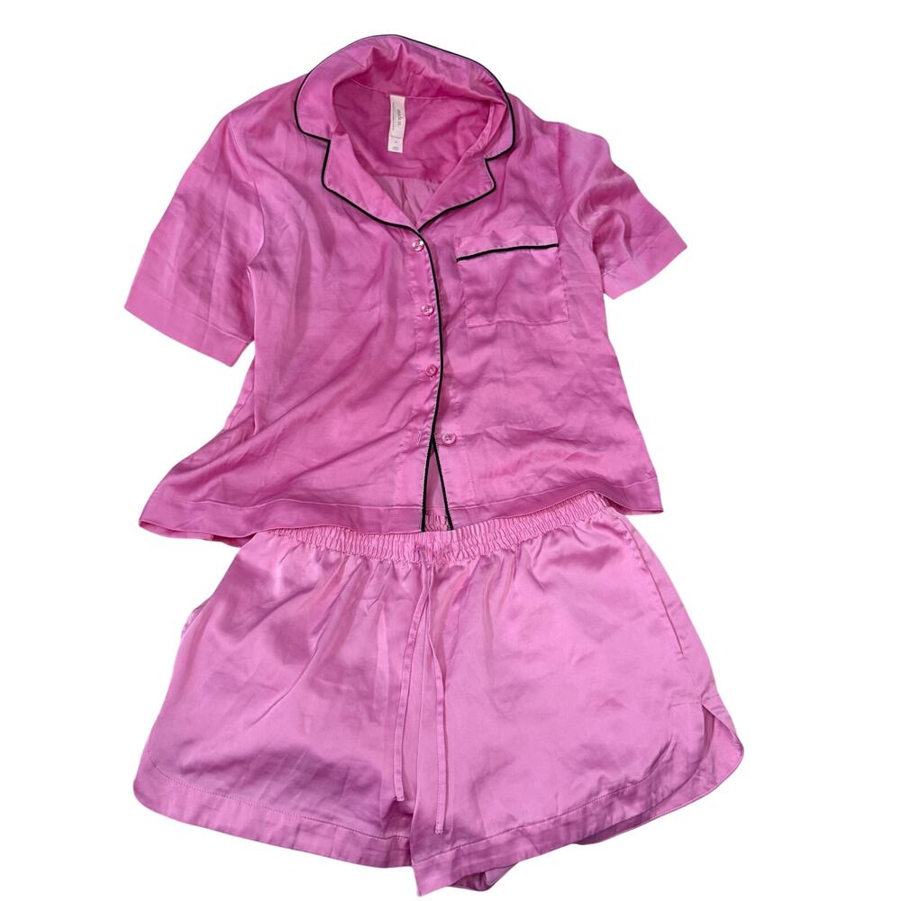 Auden Pink Satin Pajama Set Small Short Sleeve Top & Shorts